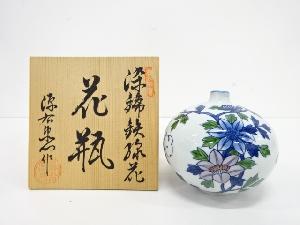 花瓶□赤絵金襴手六角瓢赤玉花入「九谷陶源」丸窓寿萬紋 窓花唐草金彩 