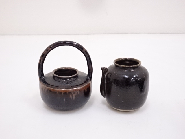 名品】古瀬戸 茶入 糸切底 時代物 渋い鉄釉 景色抜群 仕覆 蓋付 茶道具 