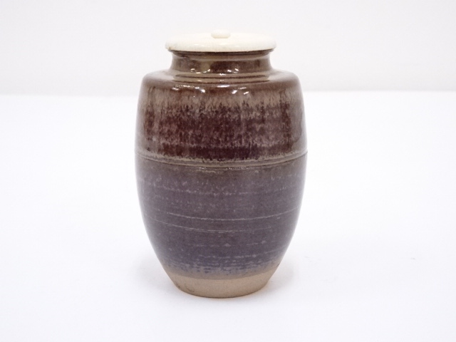 新品】高取焼 新吾 作 肩衝茶入 亡羊緞子仕覆 茶道具 四方桟共