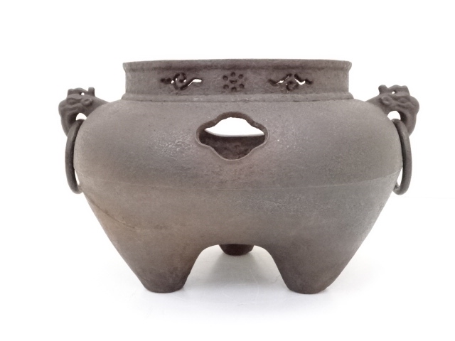 茶道具】 唐銅鬼面風炉釜 時代釜師 五郎右衛門作大西清右