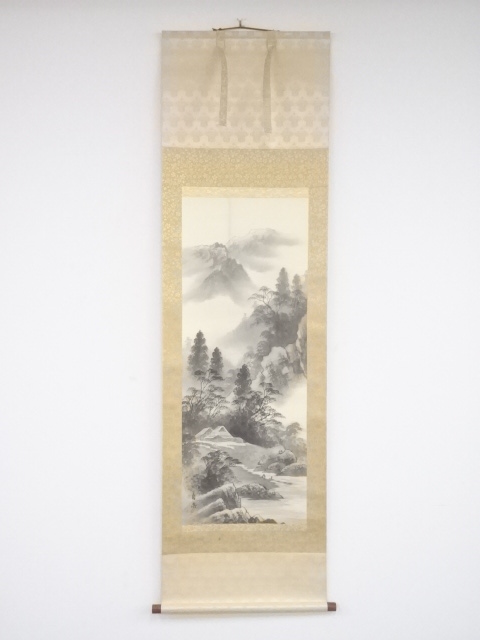 掛け軸 日本 狩野 養長 山水図 レトロ 骨董 水墨画 象牙軸 共箱（道具 
