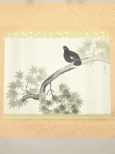 真作徳田隣斎寒渓遊禽図山水花鳥桐共箱二重箱付布袋屋掛軸HG180 少く 