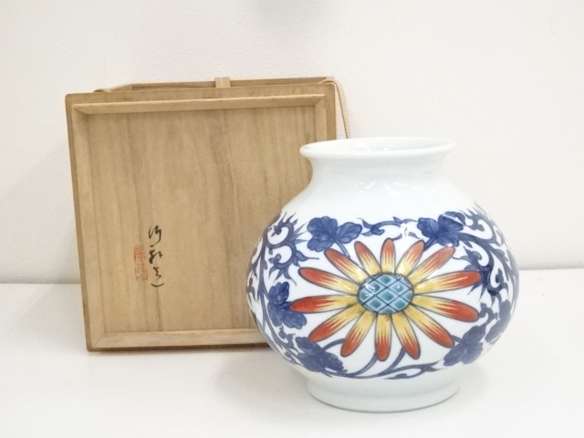 道具 ] - 道具 京焼 三浦竹軒造 青華色絵菊花紋花瓶（共箱）ネット 