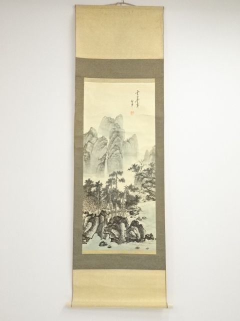 中国民国時代画家 希白 掛軸(絹本) 墨彩 「常熟山水」肉筆 - 絵画