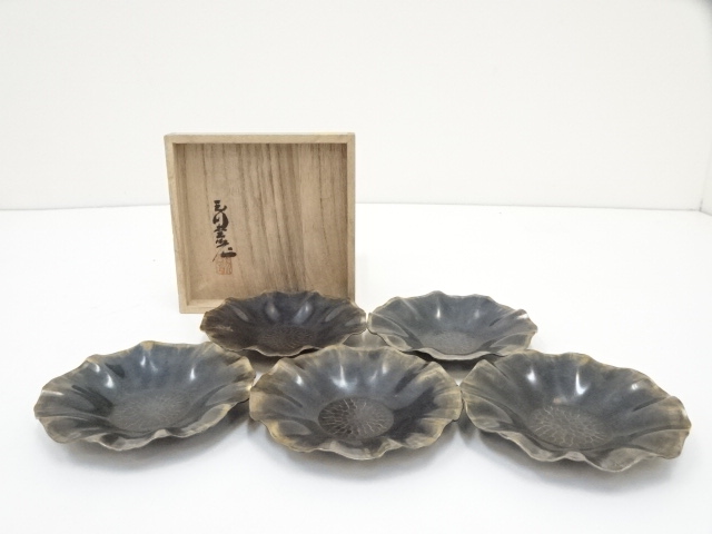 B419b「古代瓦 茶托 5枚」龍雲堂造(蓋裏書付有)平安銅製茶道具 【公式 