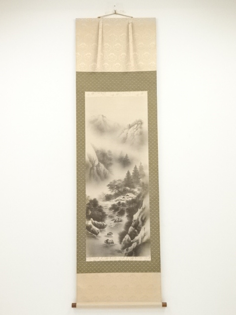 掛け軸 青楓 水墨山水 絹本 希少 軸装 茶道具 掛軸 美品 です。 - 絵画