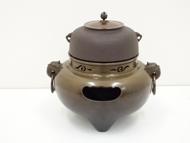【都屋】7　般若勘渓「唐銅 共耳 鬼面風爐 畠春斎 釜添え」共箱 茶道具 風炉 鉄瓶 五徳 2025年最新畠春斎の人気アイテム - メルカリ