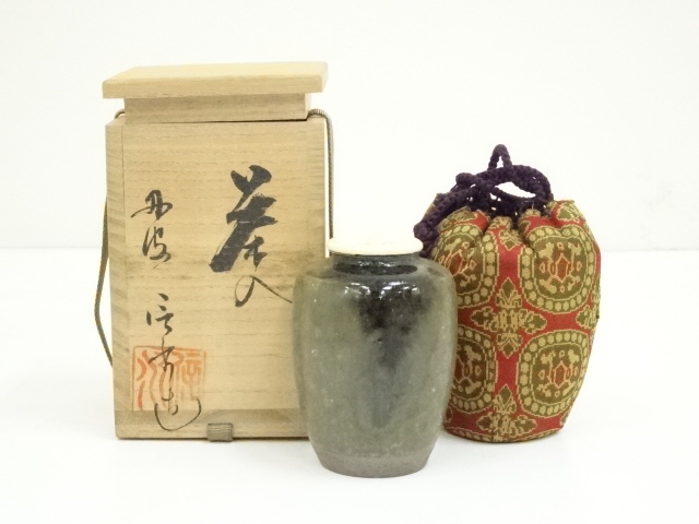 丹波焼 肩衝茶入 市野信水(作) 象牙蓋 仕服 共箱 - 工芸品