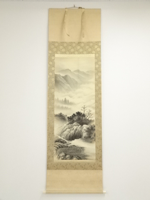 hh248754TOM 真作 福原五岳 掛軸 絹本 肉筆 墨彩「松下人物図」落款 印 