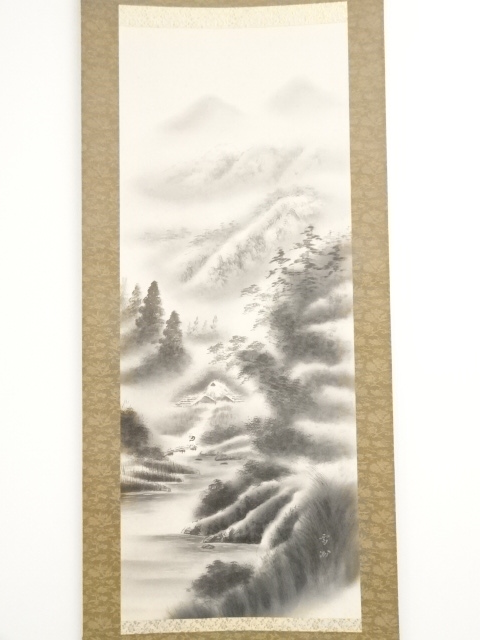掛け軸 春雪 水墨山水 絹本 希少 軸装 茶道具 掛軸 美品 です。（道具 