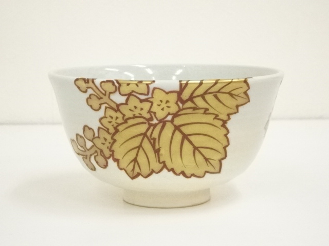 安い 道具 - ] 道具 京焼 金彩桐葉絵茶碗（共箱 山澤松篁造 工芸品 