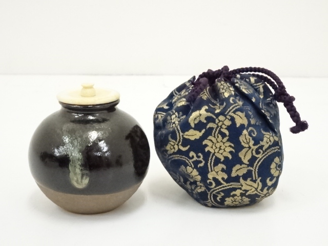 万代㐂山作 文琳茶入 金剛金襴仕覆付 共箱 茶道具V407NT3