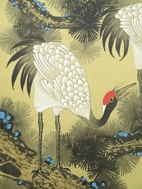 掛け軸 靖二 松上双鶴 絹本 希少 軸装 茶道具 掛軸 美品 です - 絵画