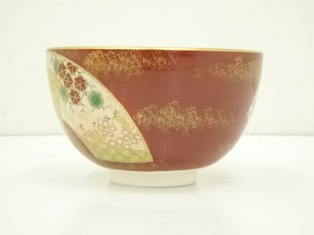 T77 茶碗 『色絵 傘』『押小路窯 庄左ェ門』 共箱 抹茶碗 茶道具 