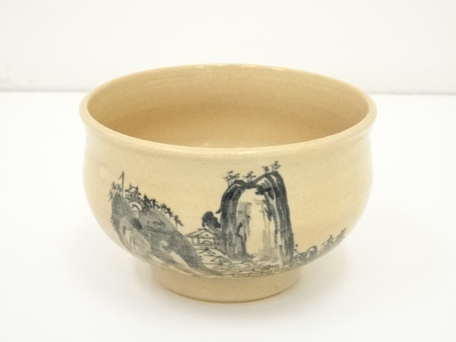 茶碗□古犬山焼 仙人竹図 抹茶碗（在銘）古いお茶道具 古美術 時代物 