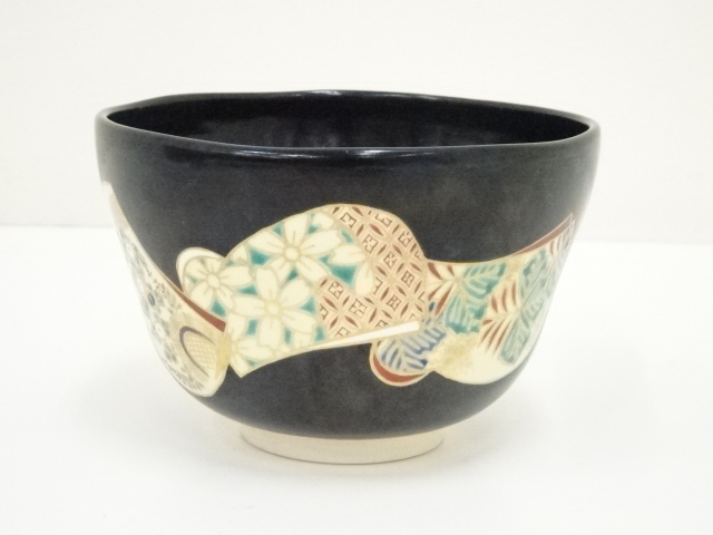 茶道具 色絵立雛画 茶碗 清閑寺窯 祥平造 木箱付(メ1400)（道具 