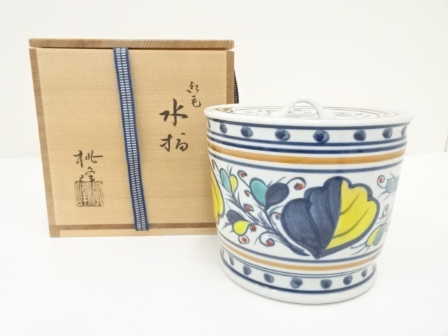 水指 龍峰作 色絵模様の図 共箱 共布 蔵出し 茶道具 水指 共箱 