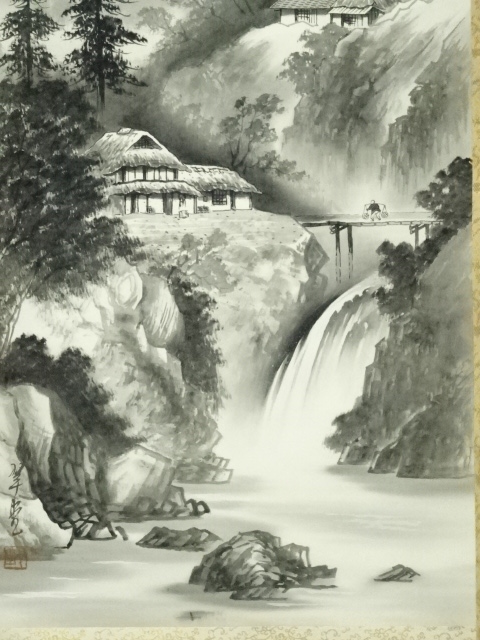 書道　筆　山水図　掛軸　　肉筆画【kj2】 書道 筆 山水図 掛軸 肉筆画 kj2