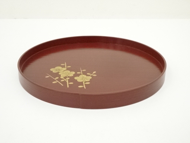 骨董品 茶道具 ￼木曽漆塗 丸盆 美品 栞 笹良漆器店 紙箱 S173KK 