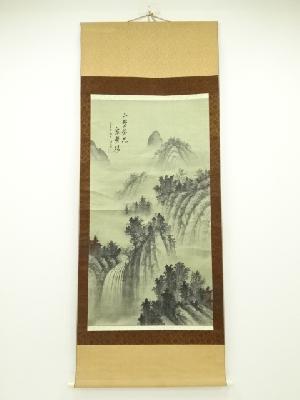 掛け軸 忠義 彩色山水 絹本 希少 軸装 茶道具 掛軸 美品 二重 - 絵画