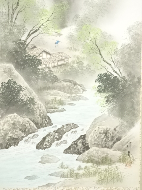 模写】中国 掛軸 掛け軸 山水画 在銘 書 肉筆 紙本 中国画 めくり 