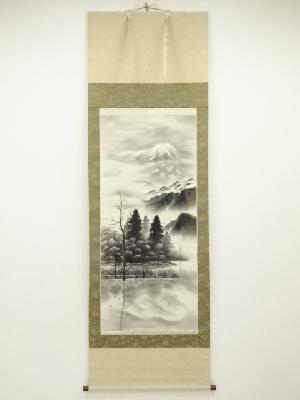 掛軸 黋月『寺院 山水図』日本画 紙本 肉筆 無地箱付 おっきかっ