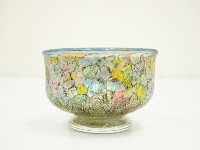 骨董 作家物 工芸ガラス 名工 石井康治 甕型 霰 冷製碗茶器 翡翠